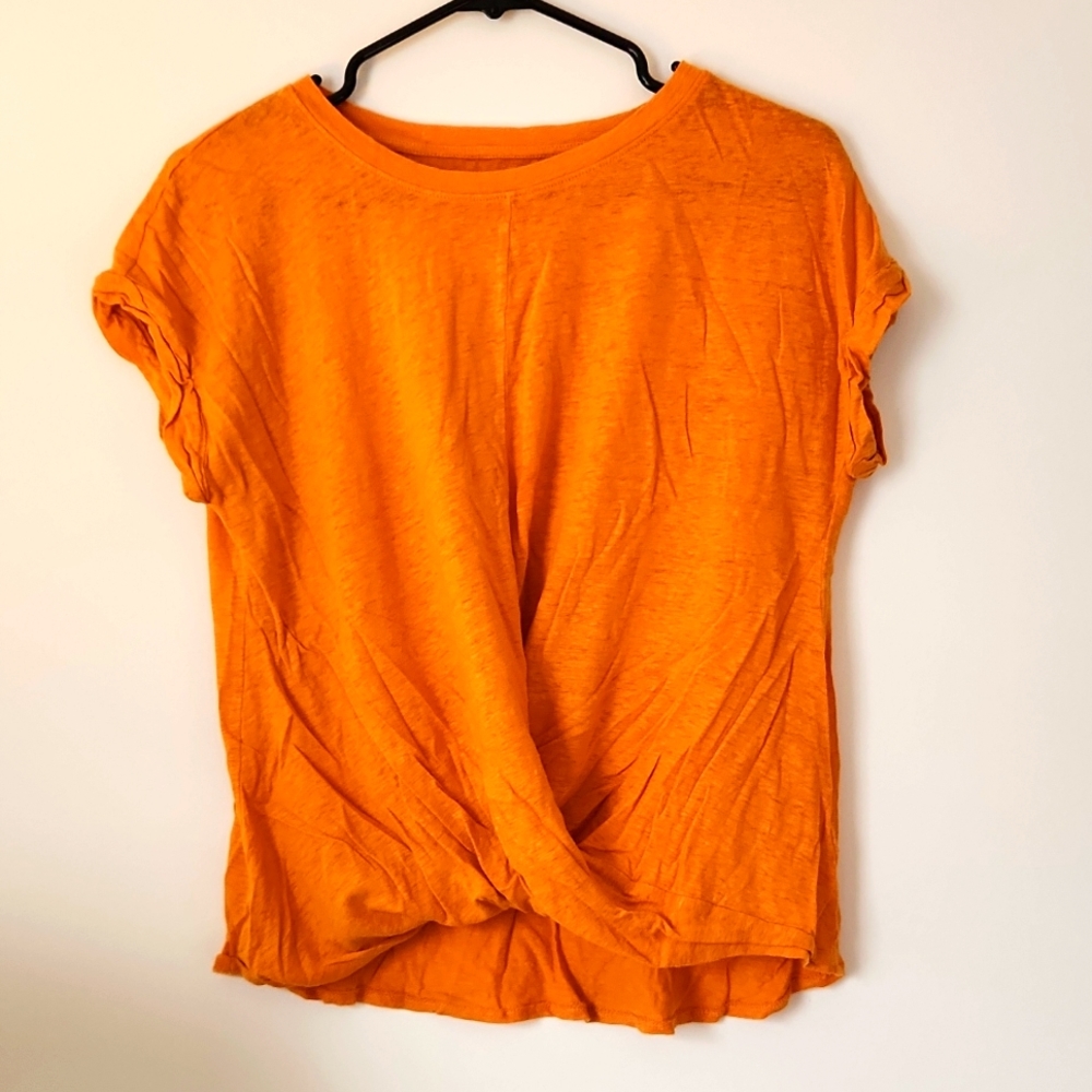 Lou and Grey for LOFT 100% Linen Twist Front Orange Tee Shirt Medium
